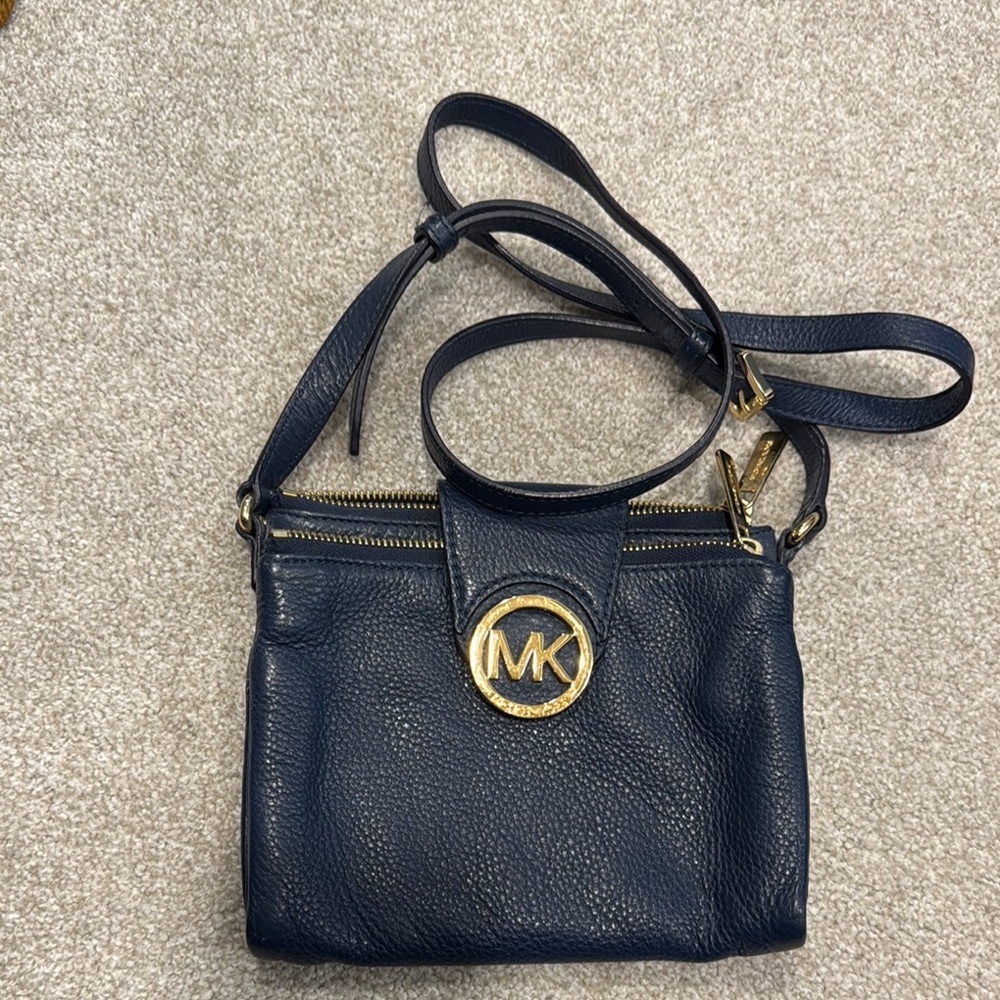 Michael Kors Blue and Gold Crossbody Bag with Textured Leather No Wallet Needed